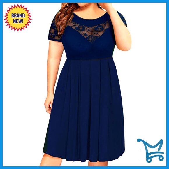 Dresses & Skirts - Plus Size Lace Midi Dress Casual Summer Flowy Pleated with Pockets